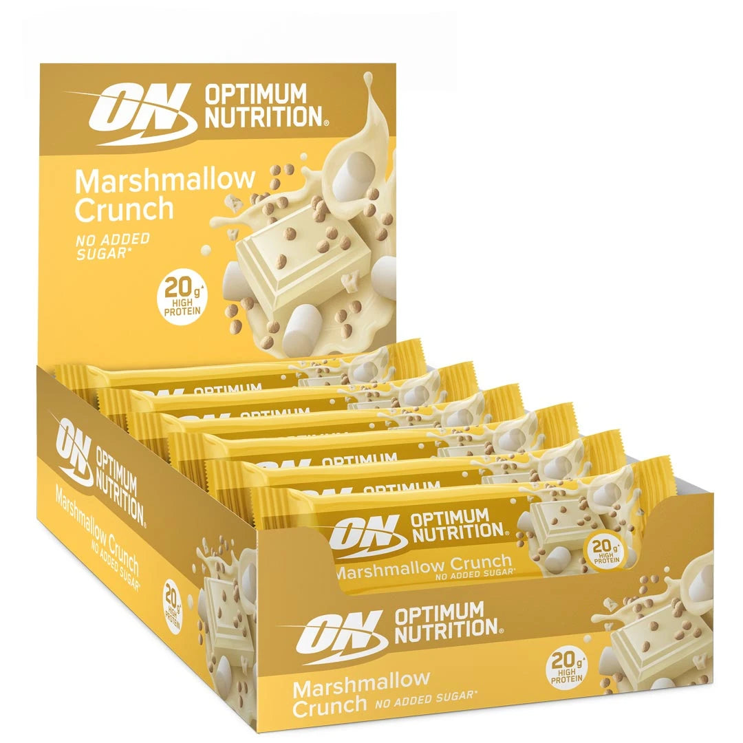 10 x Optimum Nutrition Protein Bar 65 g Marshmallow Crunch i en gul och vit displaybox med matchande bars.