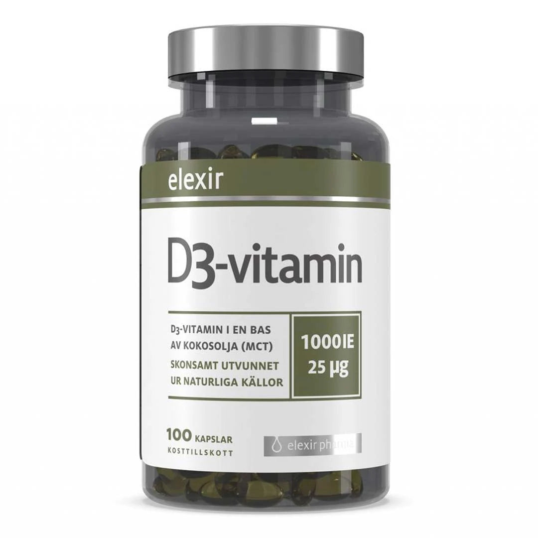 Elexir Pharma D3 Vitamin 1000IE 100 caps i en transparent burk med silverlock och vit etikett med gröna detaljer.