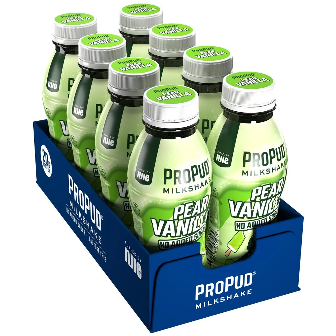 8 x NJIE ProPud Protein Milkshake 330 ml Pear Vanilla i ljusgröna flaskor med vita lock i en blå förpackning.