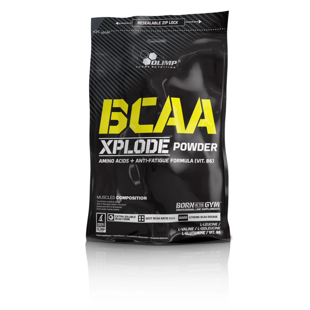 Olimp BCAA Xplode 1 kg aminosyror i pulverform, förpackad i en svart påse med gula och vita detaljer.