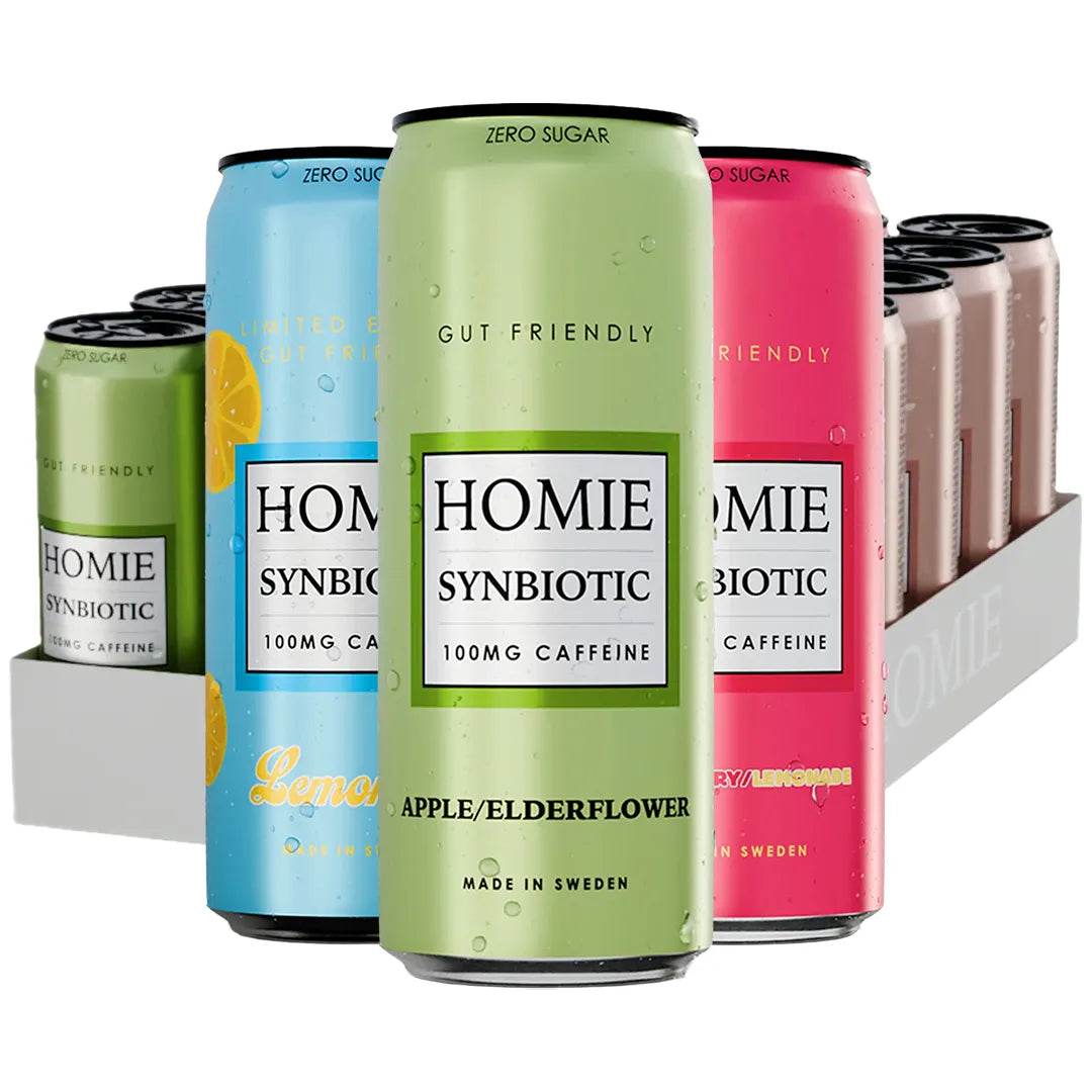 24 x Homie Wake Up Synbiotic 330 ml Mixflak med funktionsdrycker i färgglada burkar samlade i en vit bricka.