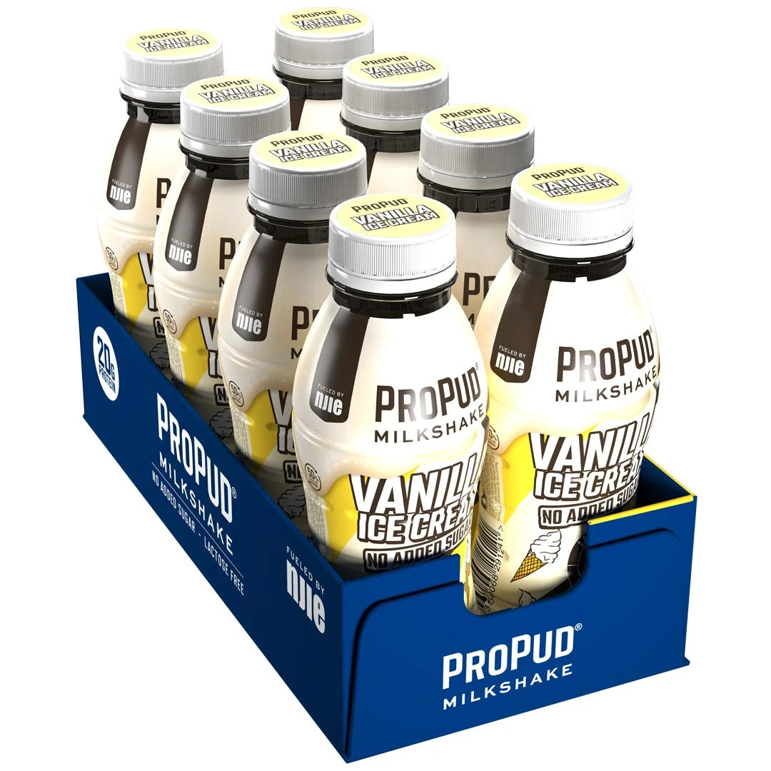 8 x NJIE ProPud Protein Milkshake 330 ml Vanilla Ice Cream serverade i en blå låda med flaskor i gräddvit färg.