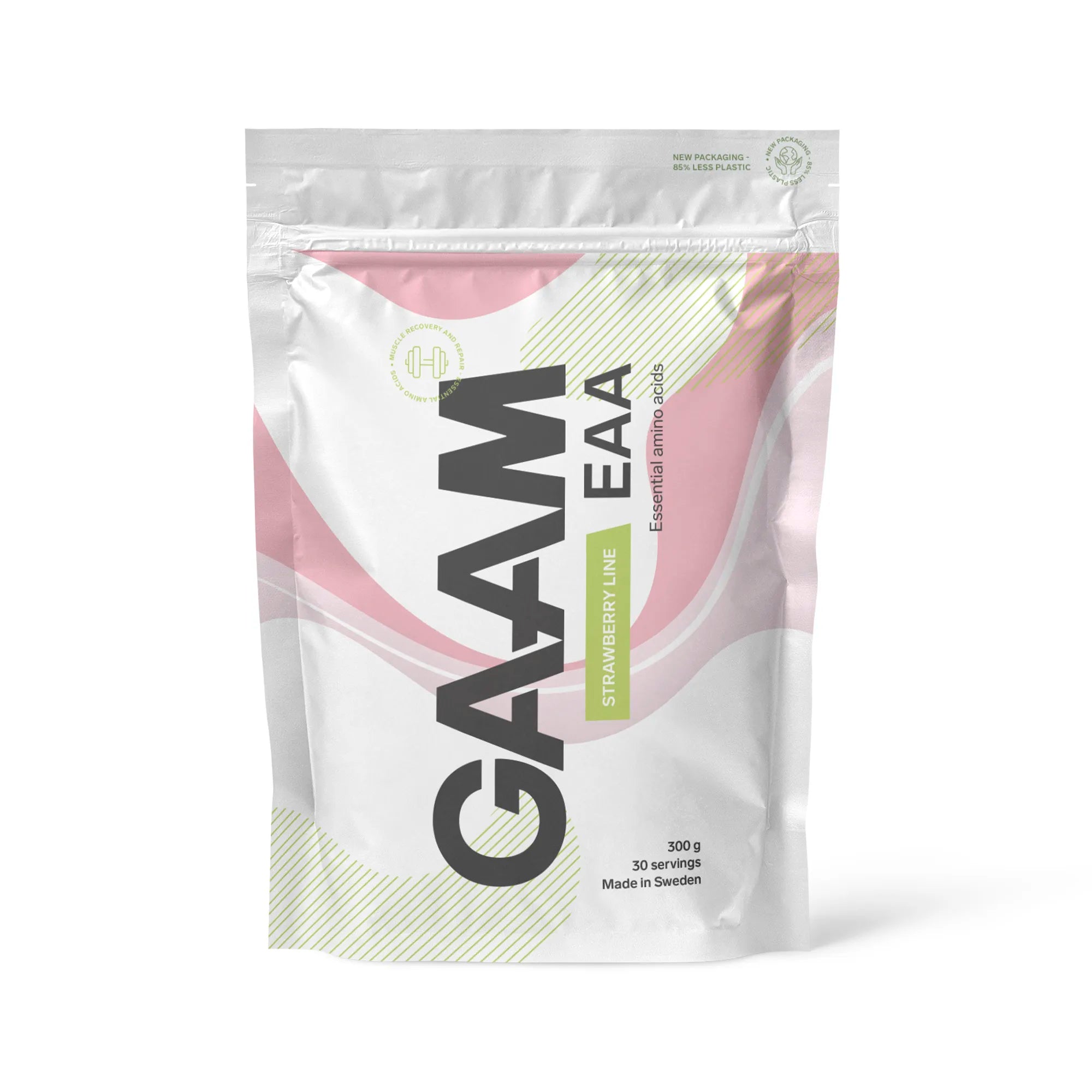 GAAM EAA 300 g aminosyror i vit påse med rosa och gröna detaljer för smaken Strawberry Lime.