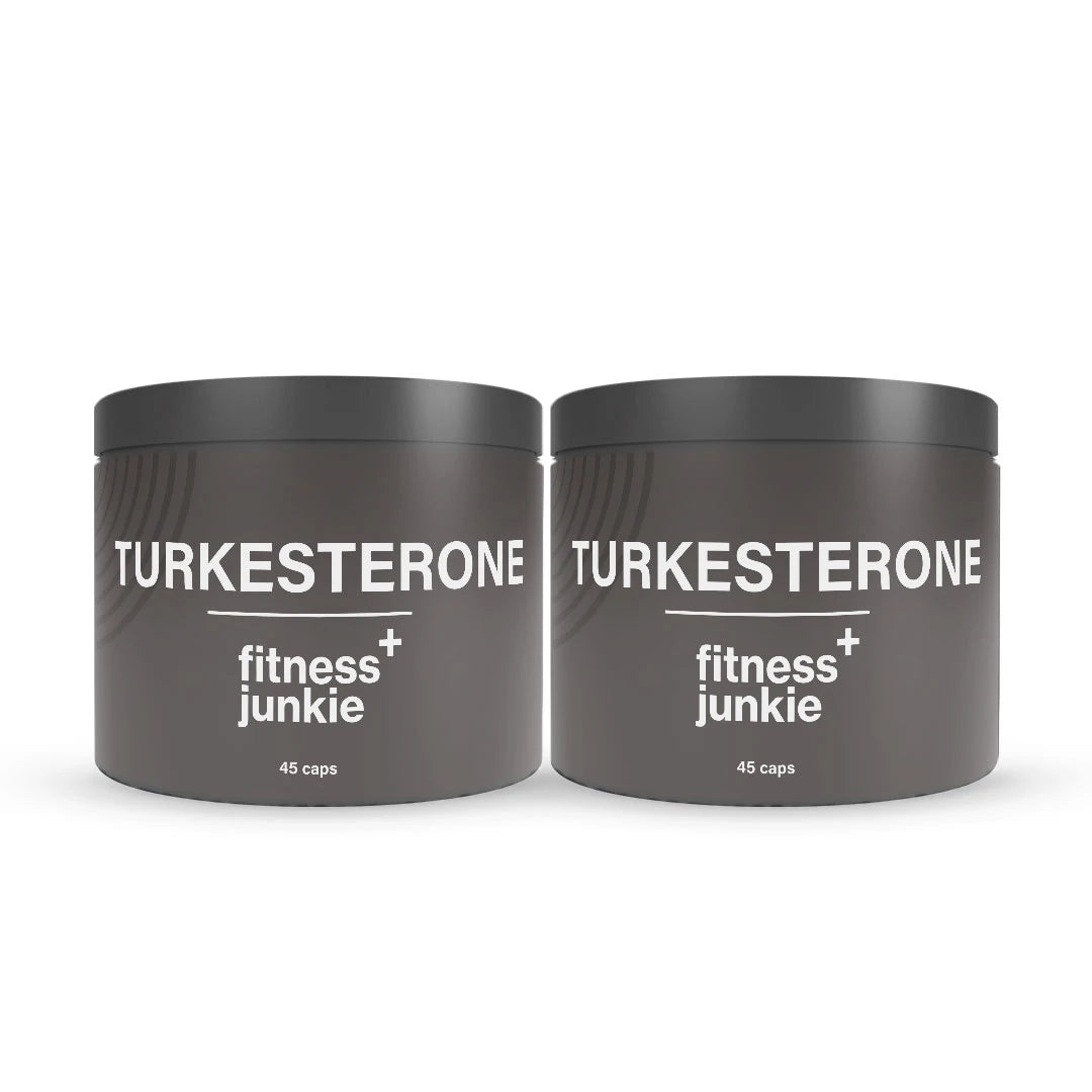 2 x fitnessjunkie Turkesterone 45 caps i två mörkgrå burkar med vit text.