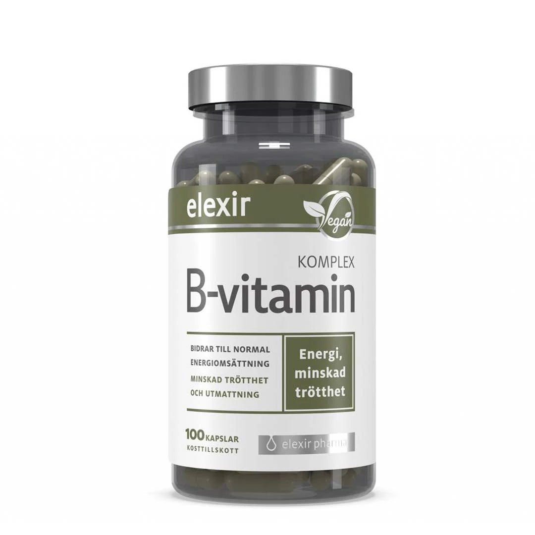 Elexir Pharma B-Vitamin Komplex 100 caps i en mörk transparent burk med silverlock och vit etikett.