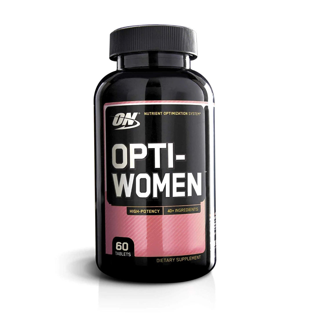 Optimum Nutrition Opti-Women 60 tabs kosttillskott i en svart burk med rosa och svarta detaljer på etiketten.