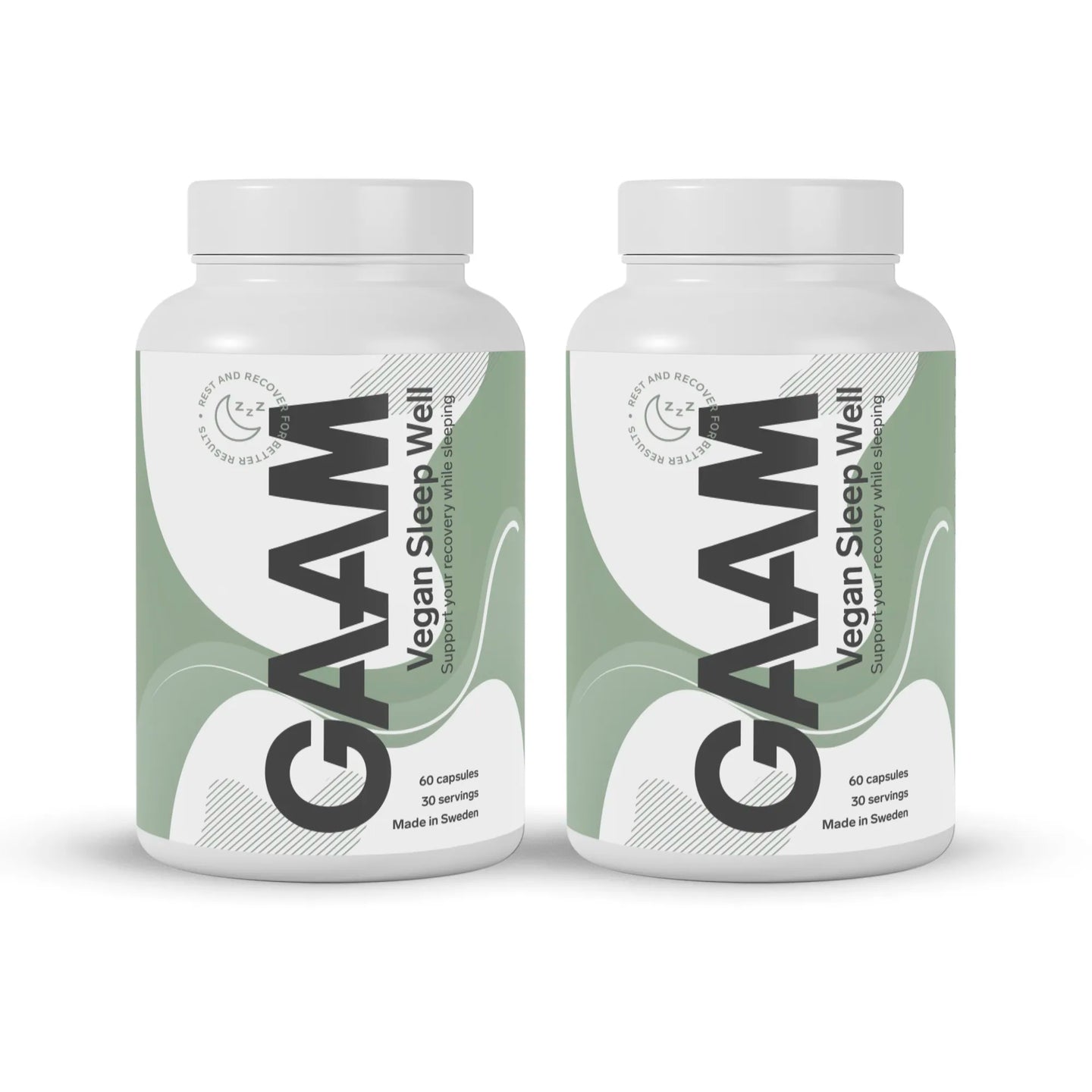 GAAM Vegan Sleep Well 120 caps för återhämtning i två vita burkar med gröna detaljer.