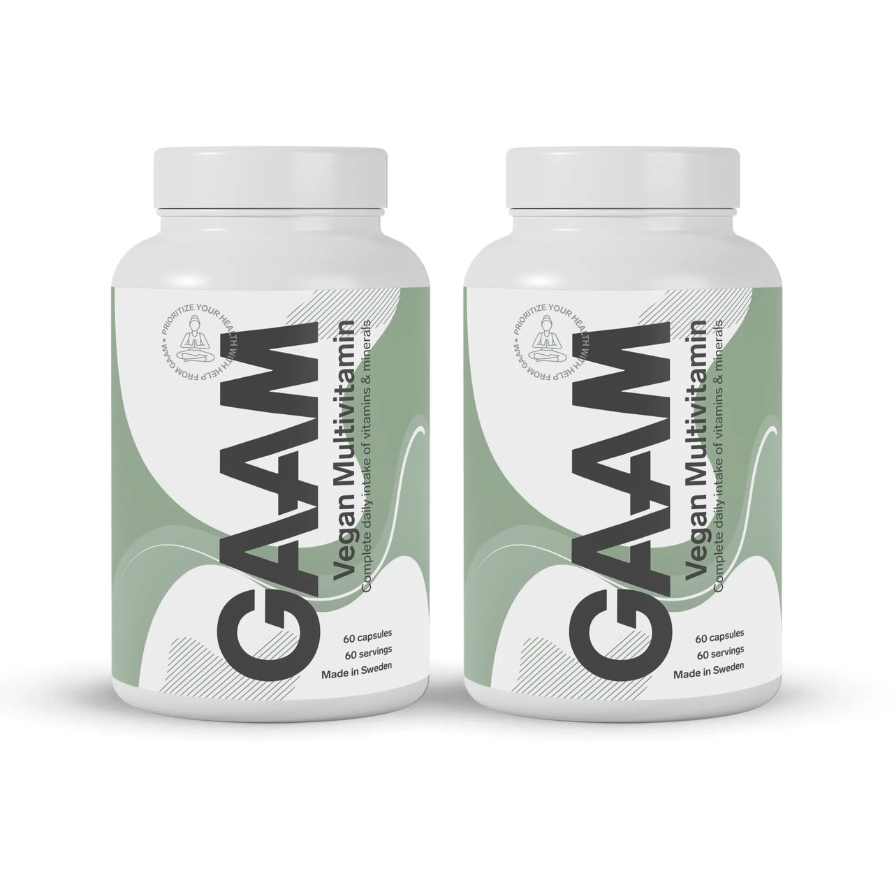 2 x GAAM Vegan Multivitamin 60 caps i två vita burkar med grön och vit etikett.