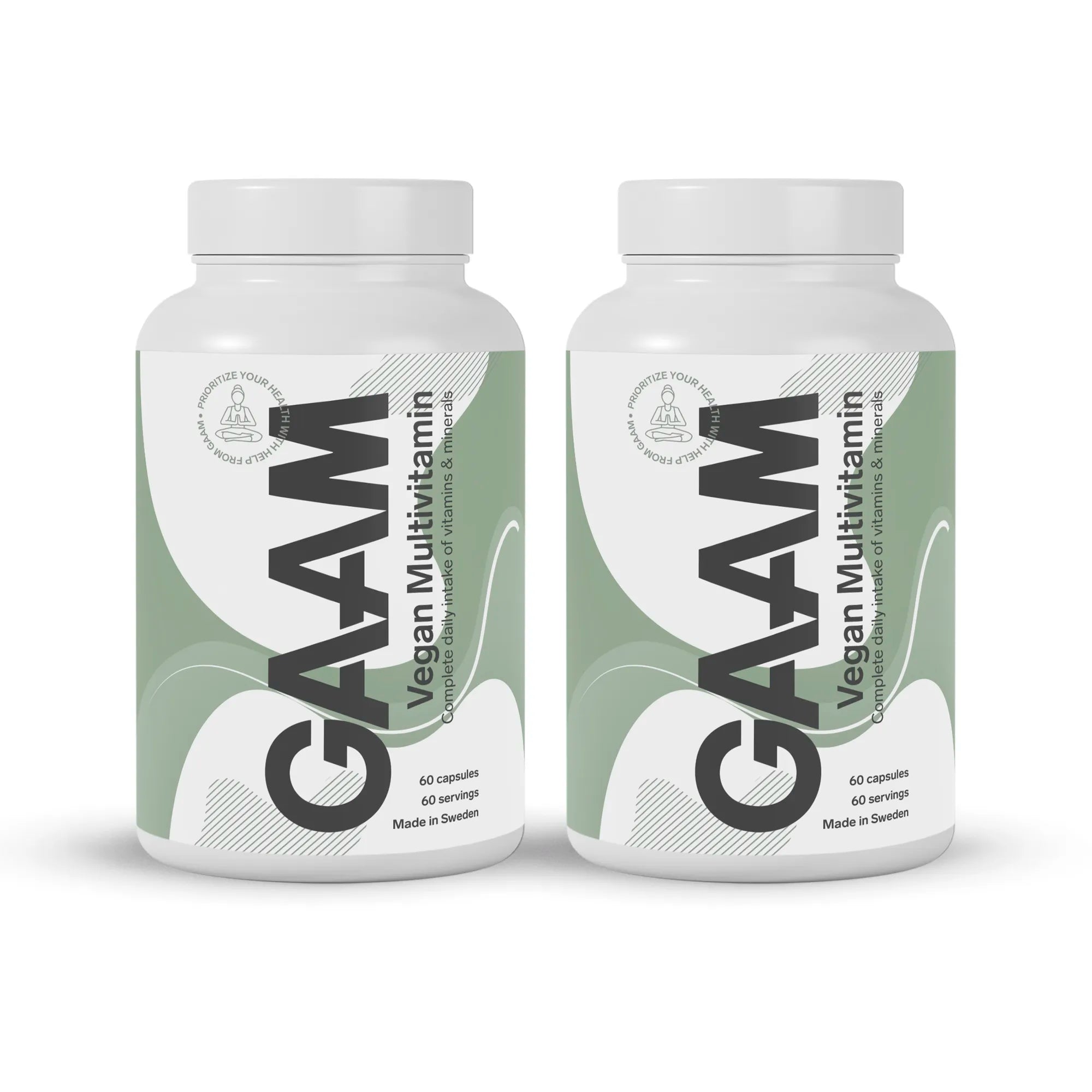2 x GAAM Vegan Multivitamin 60 caps i två vita burkar med grön och vit etikett.