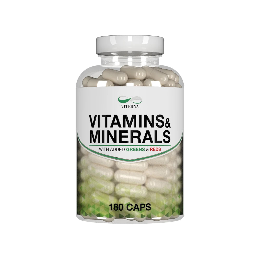 Viterna Vitamins & Minerals 180 caps i en genomskinlig burk med vit etikett och gröna detaljer, fylld med ljusa kapslar.
