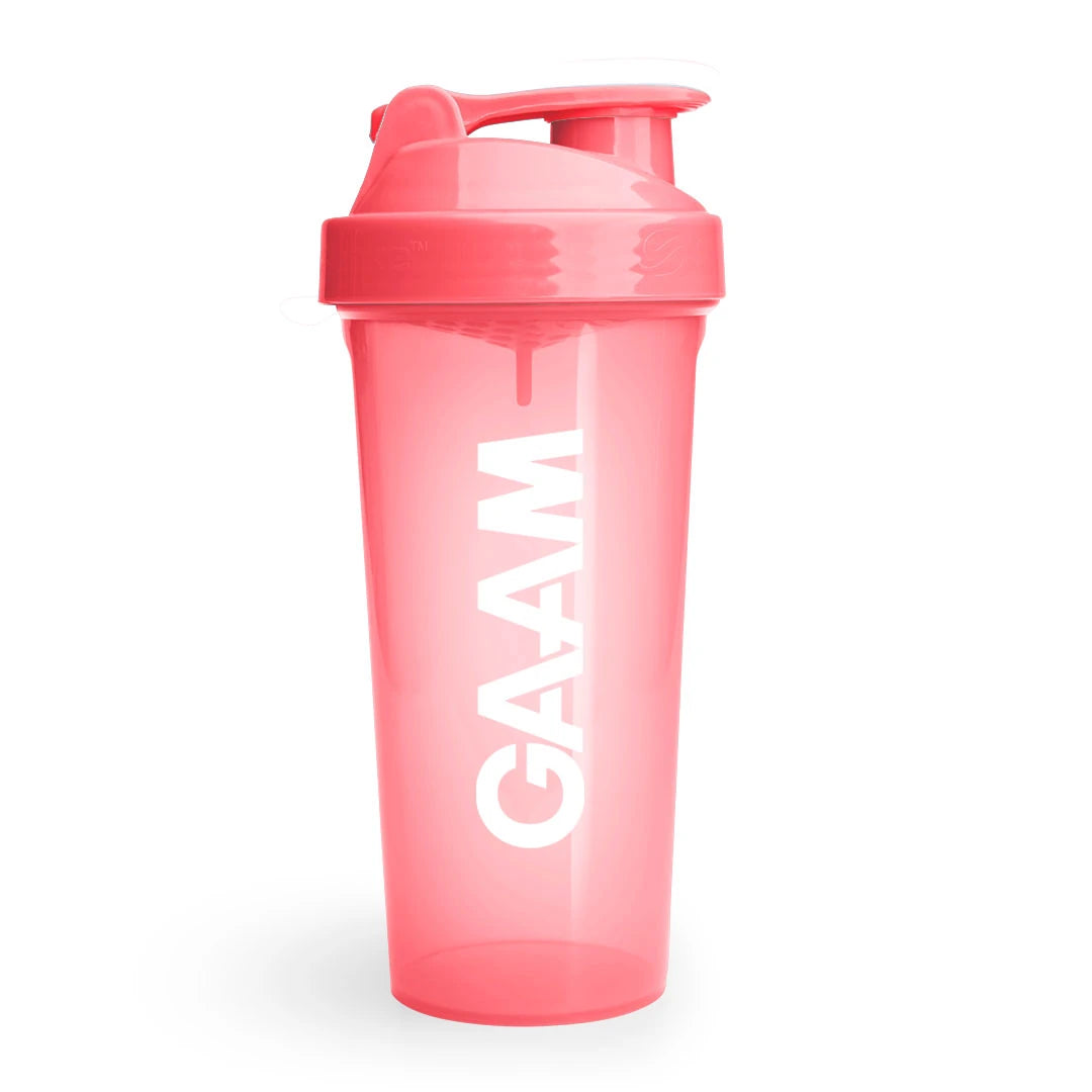 GAAM Shaker 800 ml i transparent korallfärg med skruvkork och vit logotyp för träningsdryck.