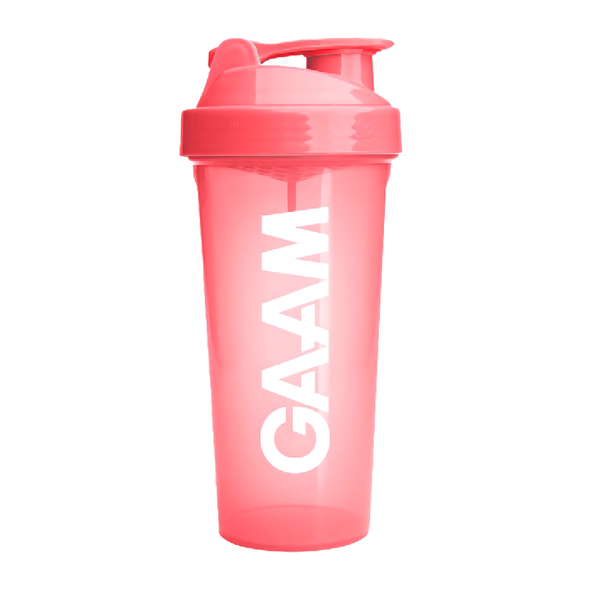 GAAM Shaker 800 ml i transparent korallrosa färg med vit logotyp och matchande lock.