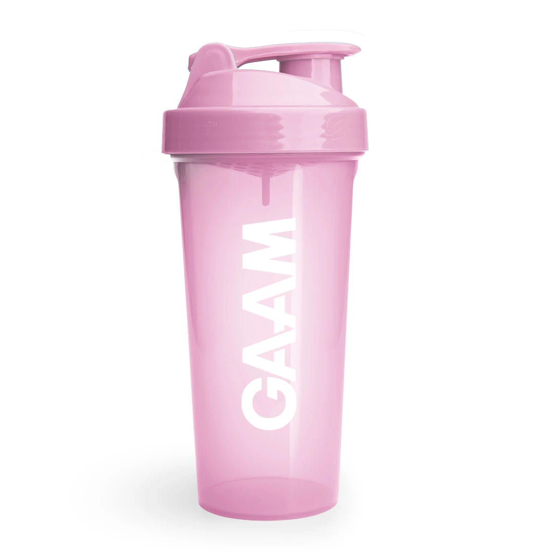 GAAM Shaker 800 ml i en transparent rosa färg med vit logotyp och läckagesäkert lock för träningsdrycker., bild 4 av 6