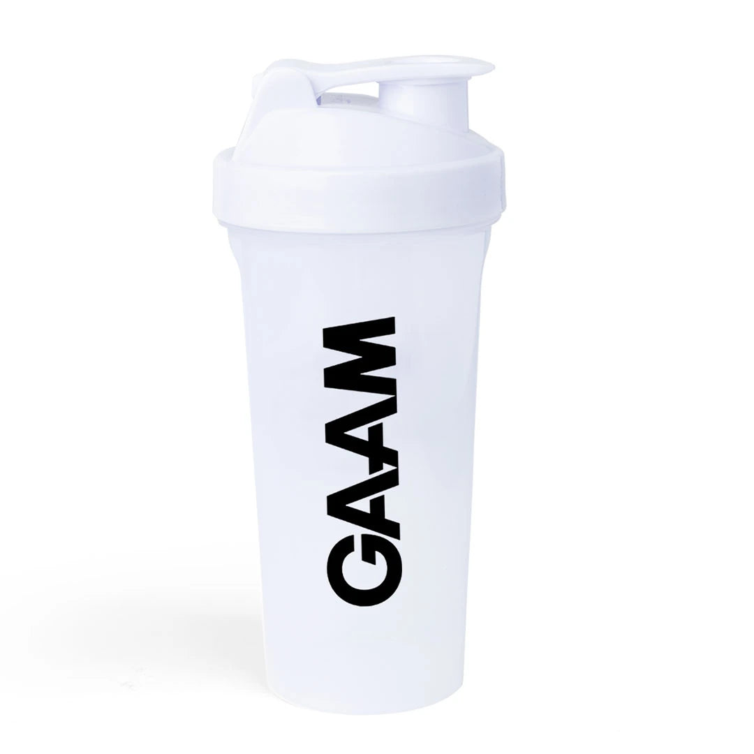 GAAM Shaker 800 ml i vitt, en transparent träningsflaska med svart logotyp och skruvkork., bild 5 av 6