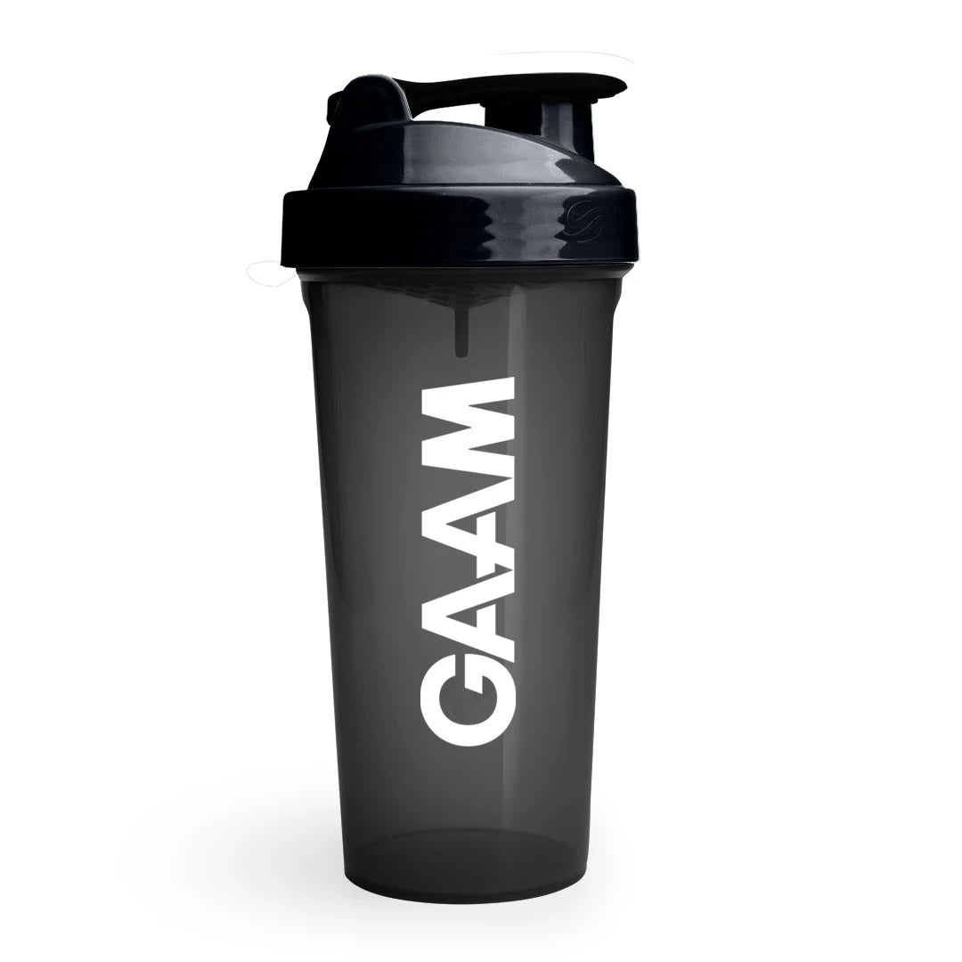 GAAM Shaker 800 ml i transparent svart med svart skruvkork och vit logotyp för träningsdrycker., bild 6 av 6