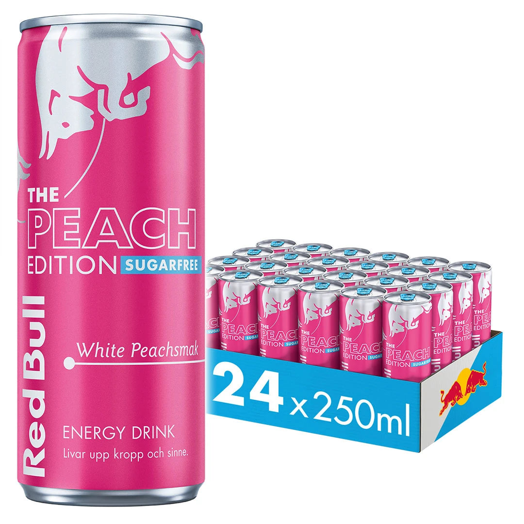 24 x Red Bull Energidryck 250 ml Peach Edition Sugarfree - White Peach i ett blått flak med matchande rosa burkar.