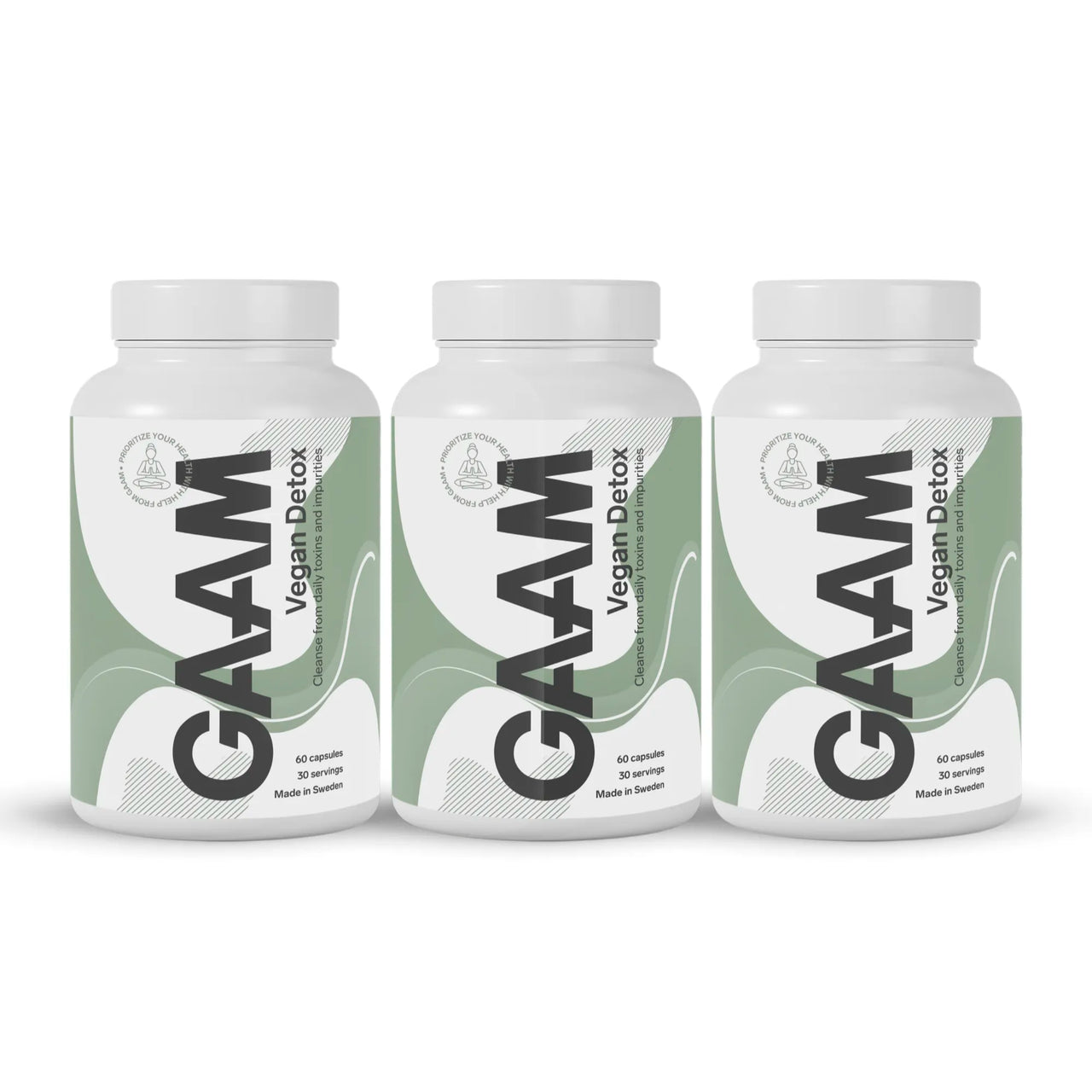 3 x GAAM Vegan Detox 60 caps i tre vita burkar med gröna och svarta detaljer.