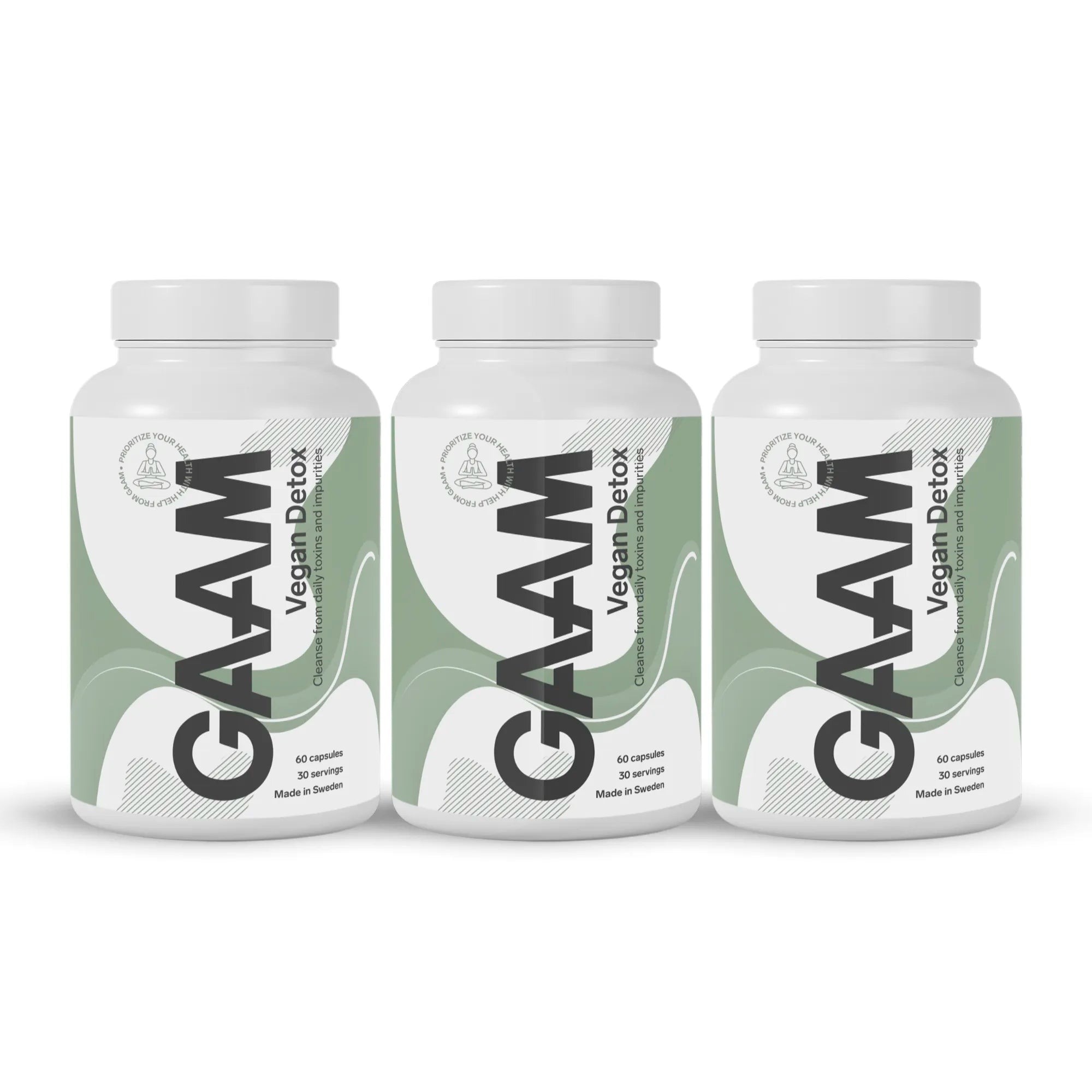 3 x GAAM Vegan Detox 60 caps i tre vita burkar med gröna och svarta detaljer.