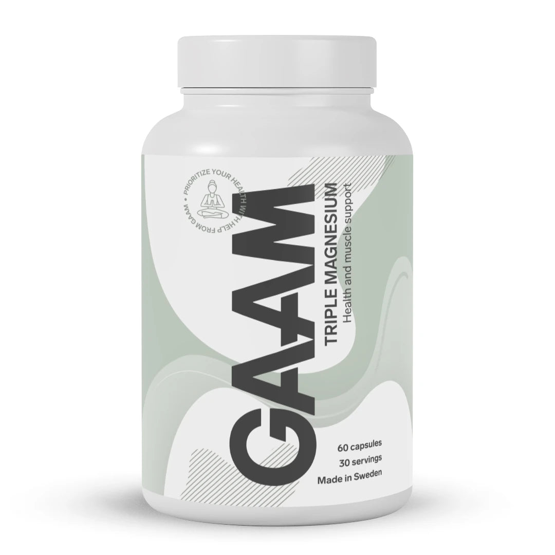 GAAM Triple Magnesium 60 caps, magnesiumtillskott förpackat i en vit burk med ljusgröna detaljer.