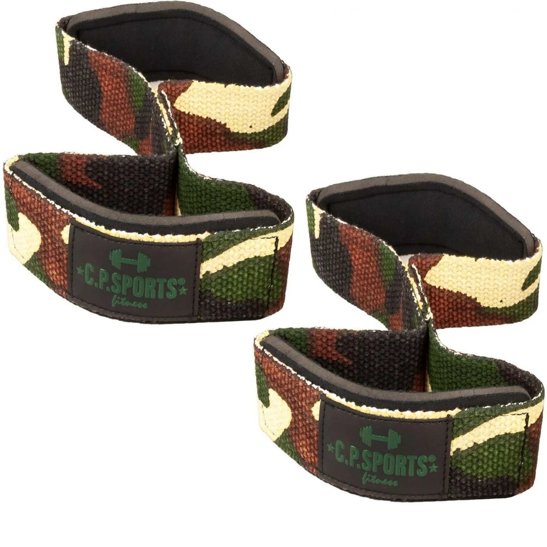 C.P. Sports Figure 8 Straps Lifting Loops Green Camo, ett par dragremmar i grön kamouflagefärgad bomull med logotyp för tunga lyft.
