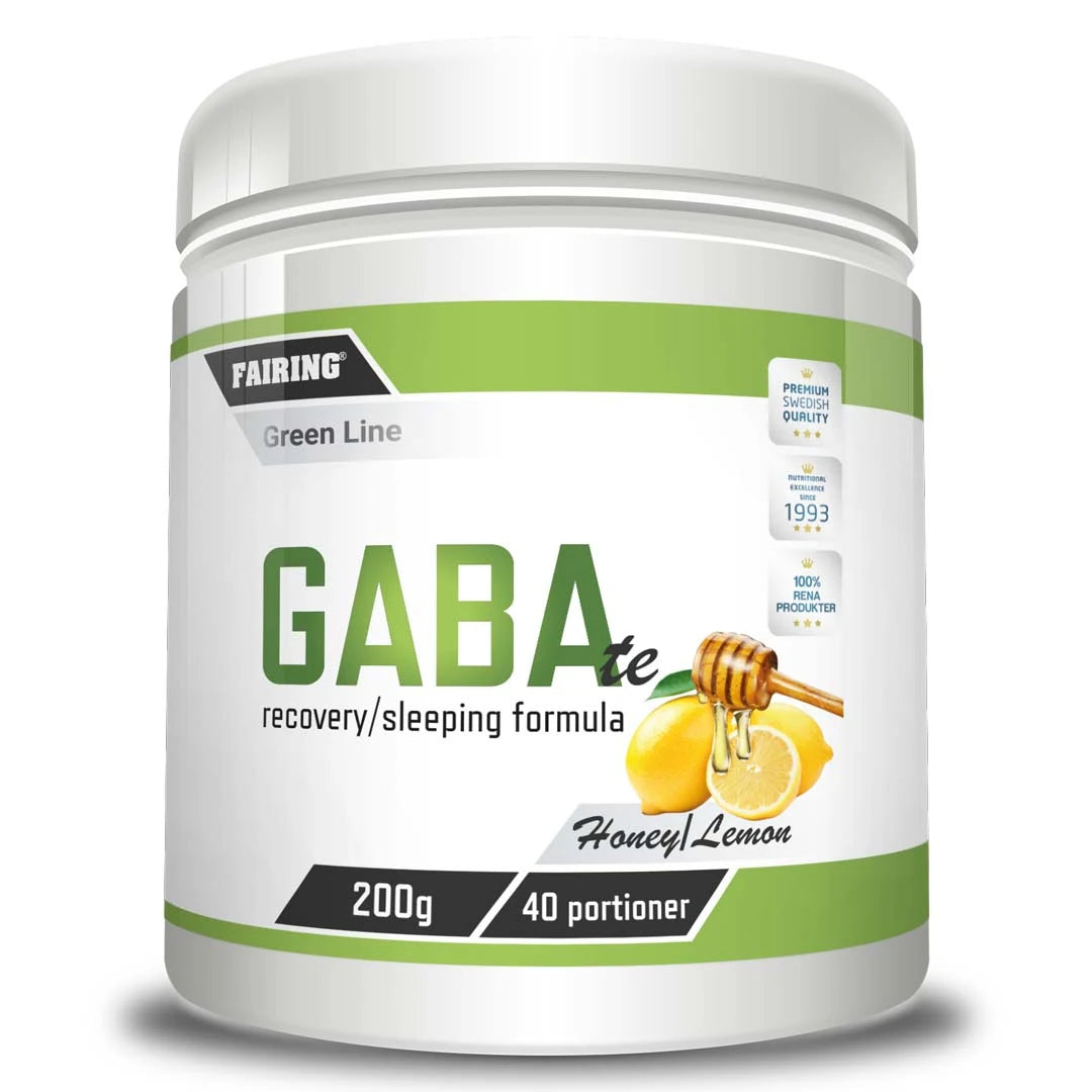 Fairing GABA Te 200 g aminosyror i en vit burk med gröna detaljer och motiv av citron och honung.