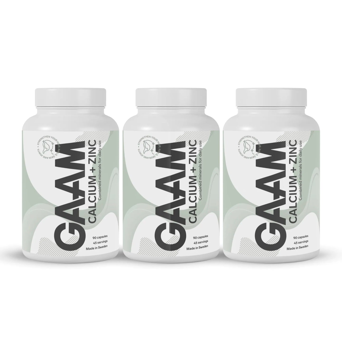 3 x GAAM Calcium + Zinc 90 caps i vita burkar med grönvita etiketter med svarta detaljer.