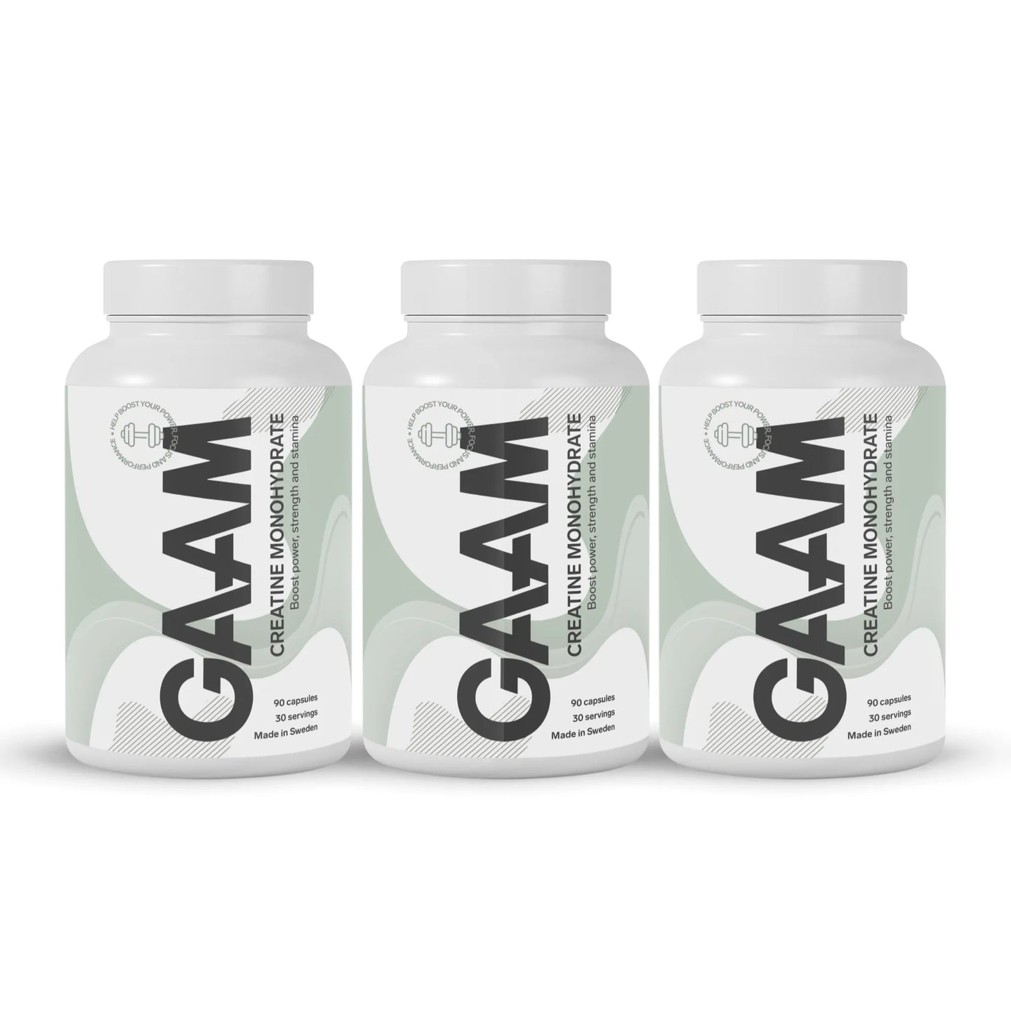 3 x GAAM Creatine Monohydrate 90 caps i tre vita burkar med ljusgröna och svarta detaljer.