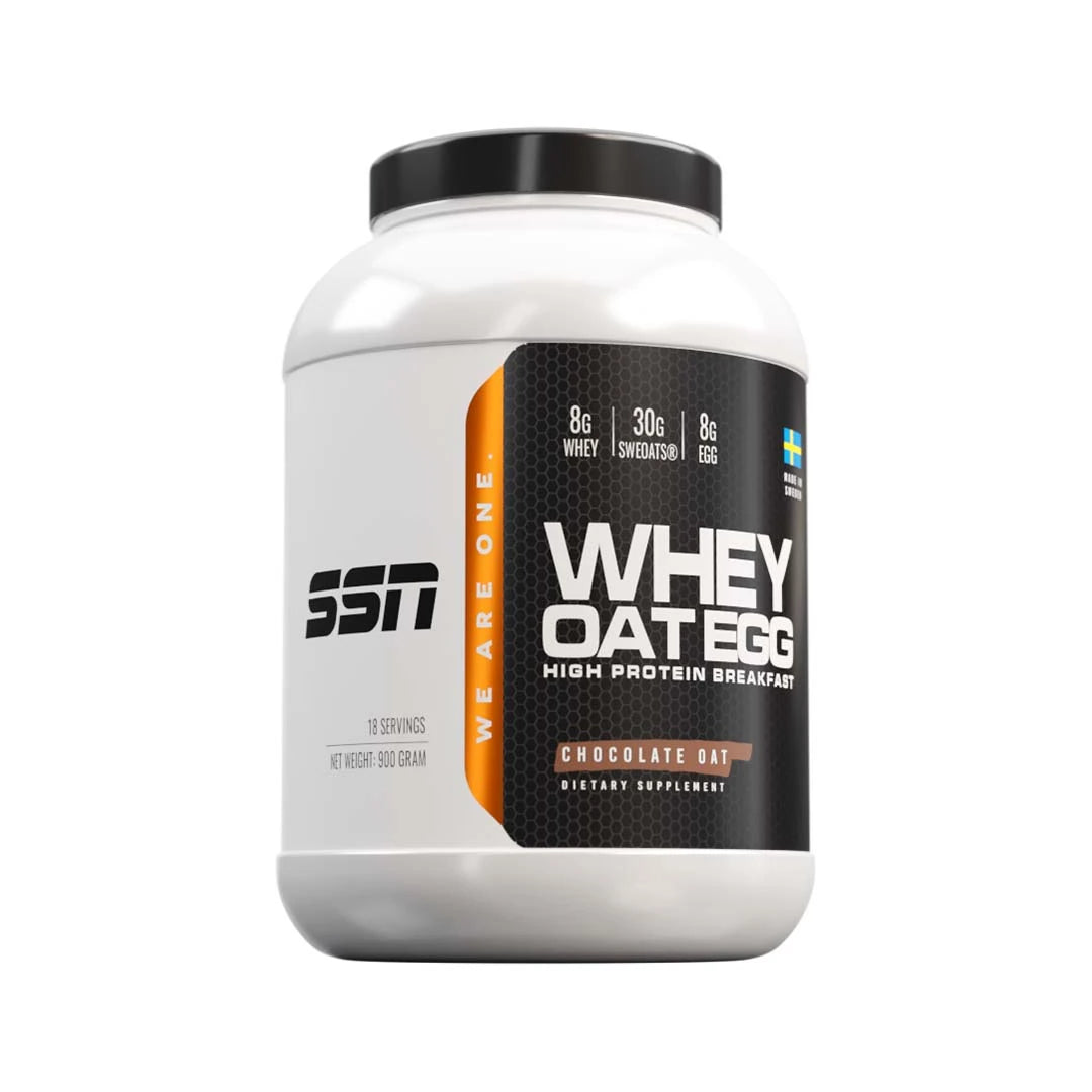 SSN Whey Oat Egg 900 g proteinpulver i en vit burk med svarta och oranga detaljer med smak av Chocolate Oat.