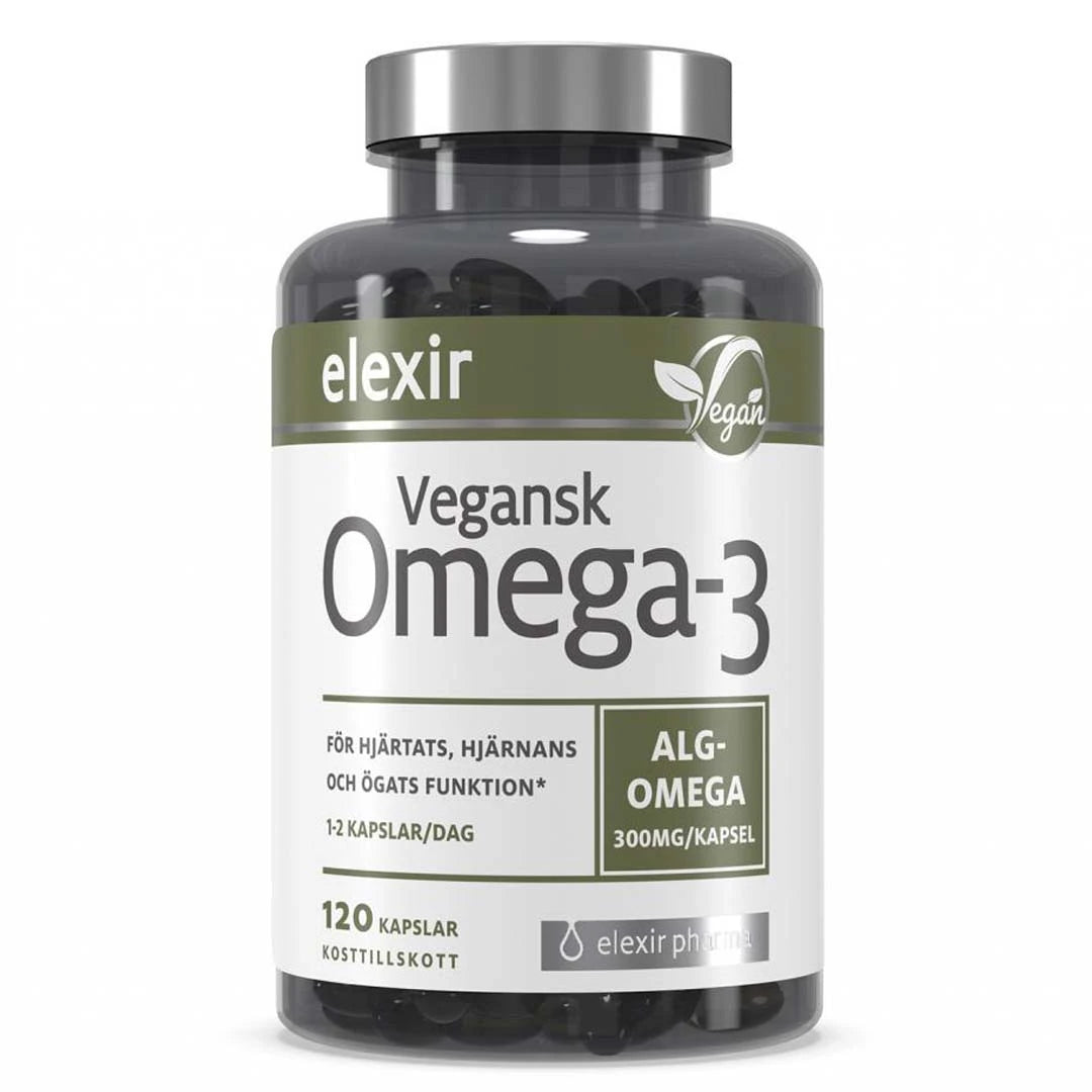 Elexir Pharma Vegan Omega-3 120 caps kosttillskott i en mörk burk med silverlock och grönvit etikett.