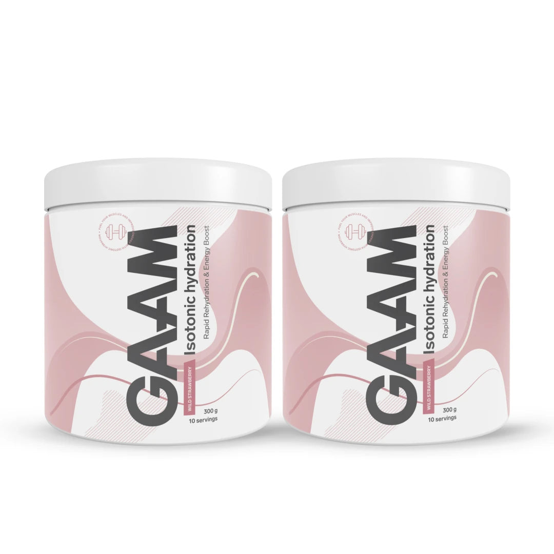 2 x GAAM Isotonic Hydration 300 g i två vita burkar med rosa detaljer för smaken Wild Strawberry.