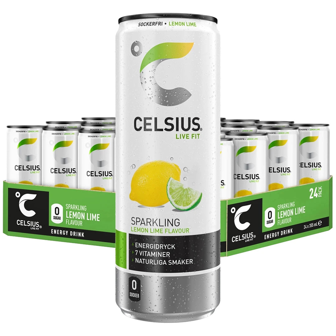 24 x Celsius 355 ml Citron Lime i ett grönt flak med matchande energidrycksburkar prydda med citron och lime-motiv.