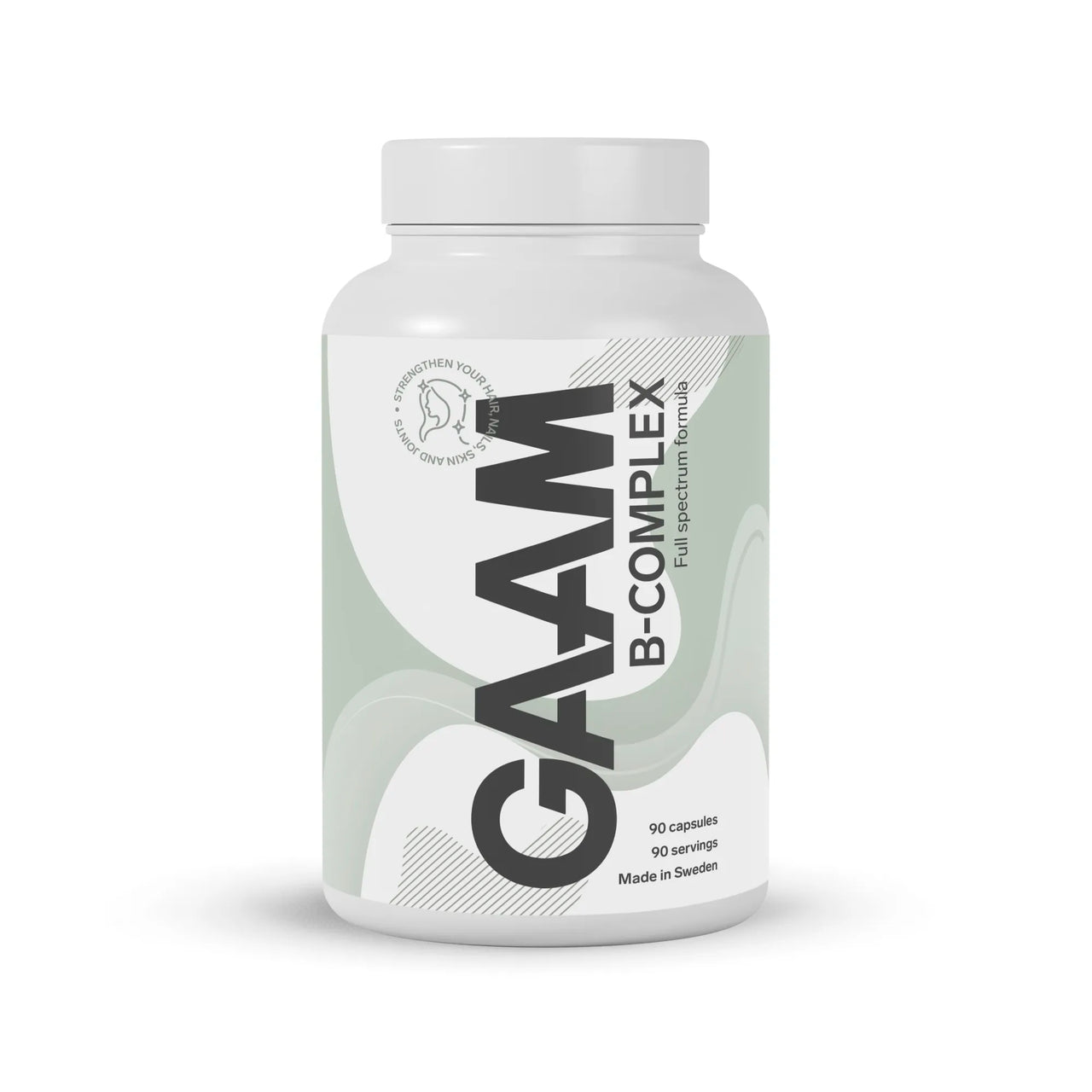 GAAM B-Complex 90 caps vitaminer i en vit burk med grågröna detaljer.