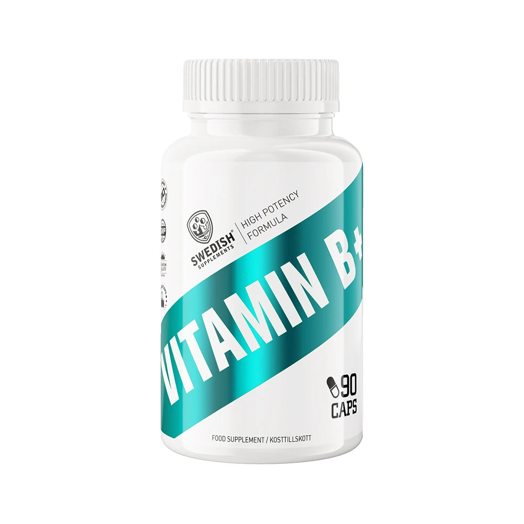 Swedish Supplements Vitamin B+ 90 caps kosttillskott i en vit burk med turkosa detaljer.
