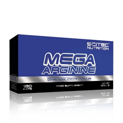 Scitec Nutrition Mega Arginine 120 caps aminosyratillskott i en blå och svart kartong med silverdetaljer.