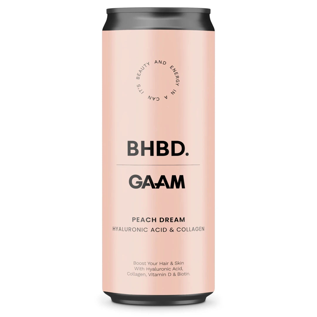 GAAM X BHBD Collagen Energy Drink 330 ml i en ljusrosa burk med svarta detaljer för smaken Peach Dream.