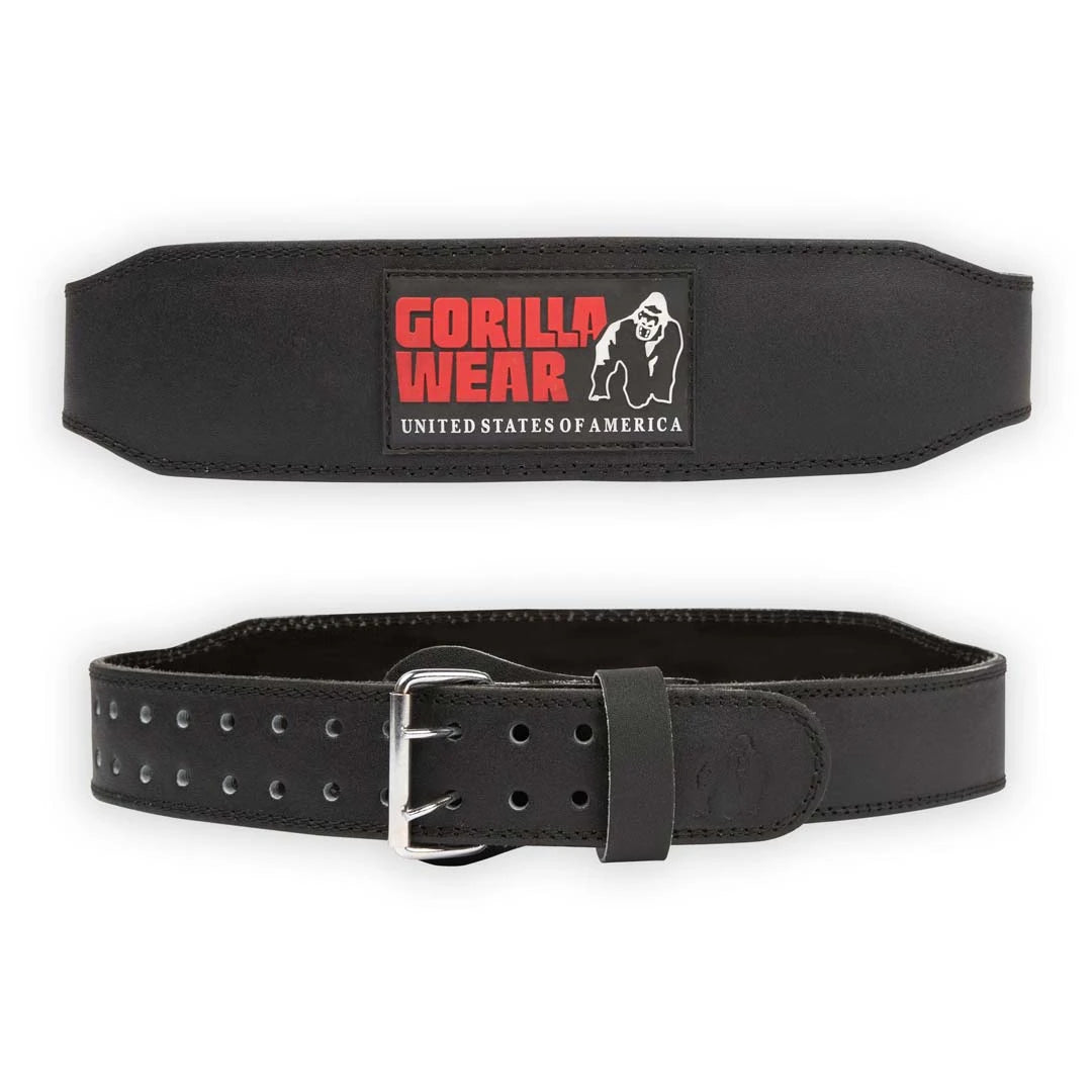 Svart Gorilla Wear 4 Inch Padded Leather Belt Black/Red med vadderad rygg, stålspänne och röd logga.