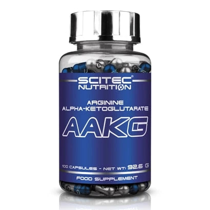 Scitec Nutrition AAKG 100 caps aminosyratillskott i en genomskinlig burk med blå etikett och silvrigt lock.