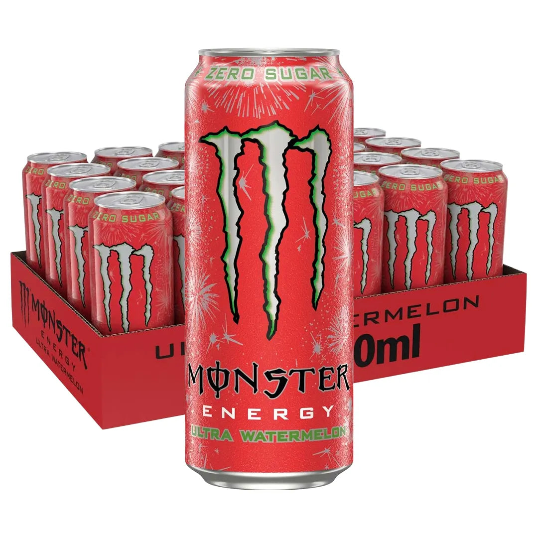 24 x Monster Energy 500 ml Ultra Watermelon (sockerfri) i ett rött flak med röda burkar.