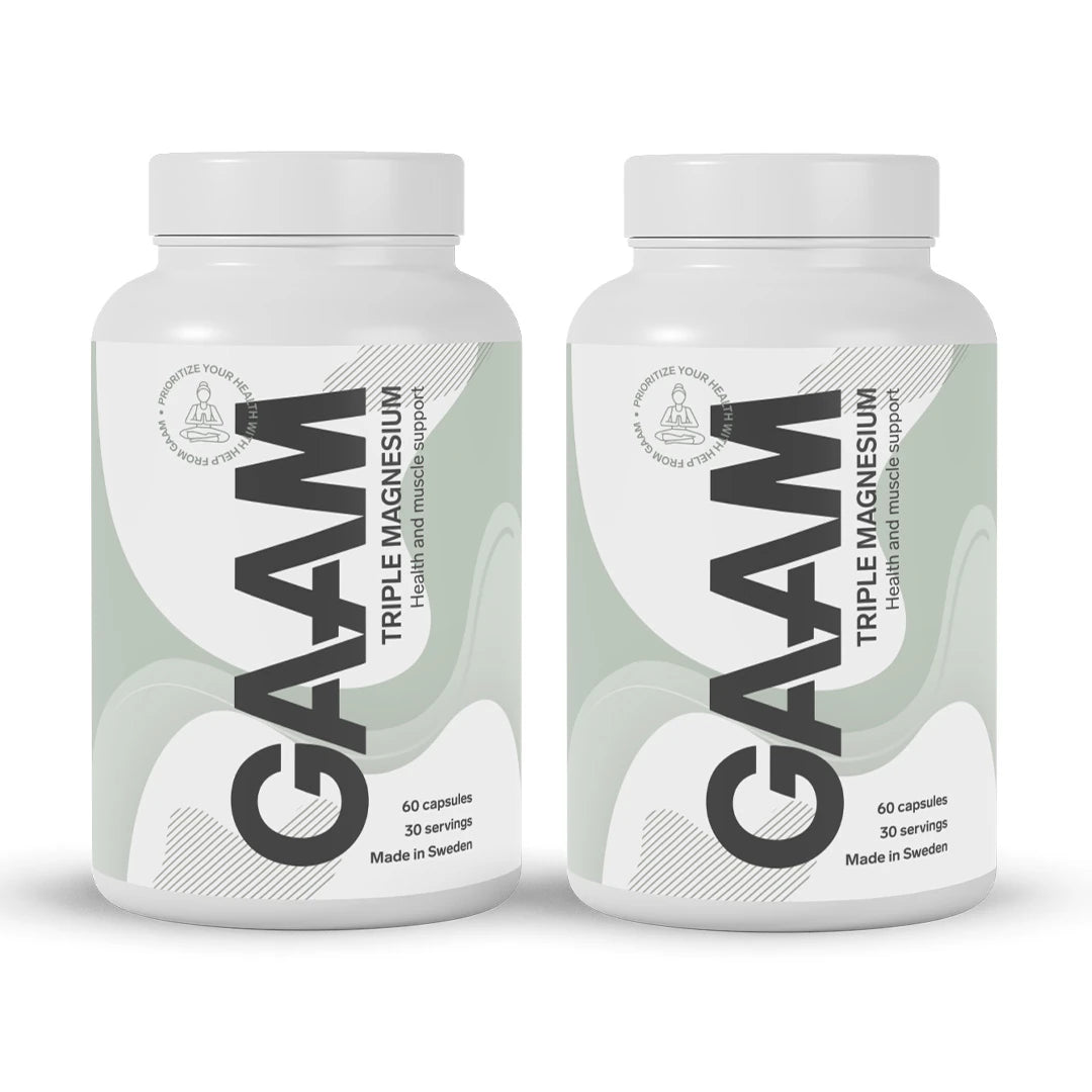 2 x GAAM Triple Magnesium 60 caps i två vita burkar med ljusgröna detaljer och svart text.