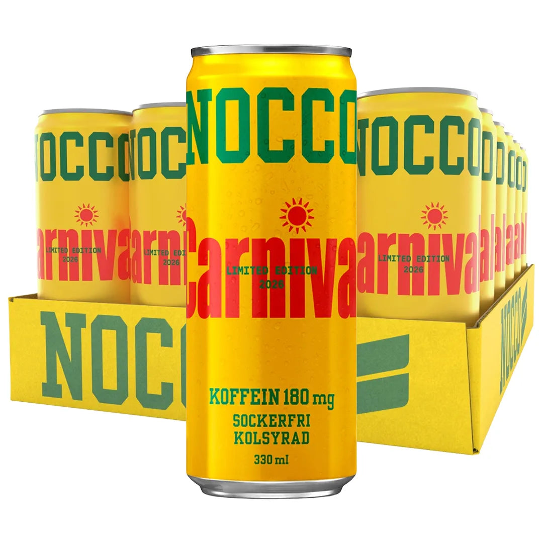 24 x NOCCO BCAA 330 ml Carnival i ett gult flak med matchande gula energidrycksburkar och rödgrön text.