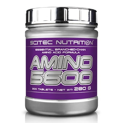 Scitec Nutrition Amino 5600 1000 tabs aminosyratillskott i en grå burk med lila etikett och silvrigt lock.