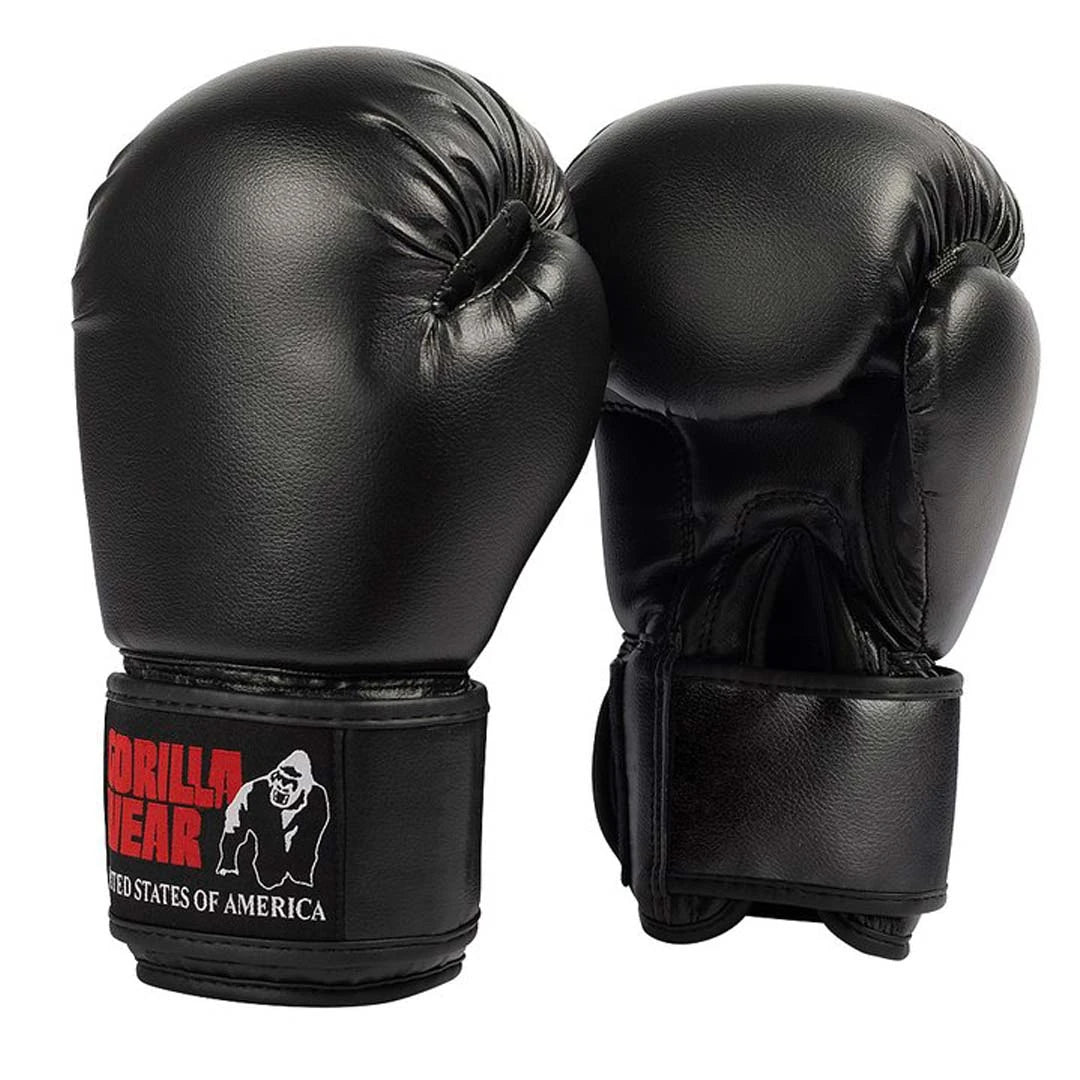 Gorilla Wear Mosby Boxing Gloves Black, ett par svarta boxningshandskar i PU-läder med röd logotyp på kardborrebandet.