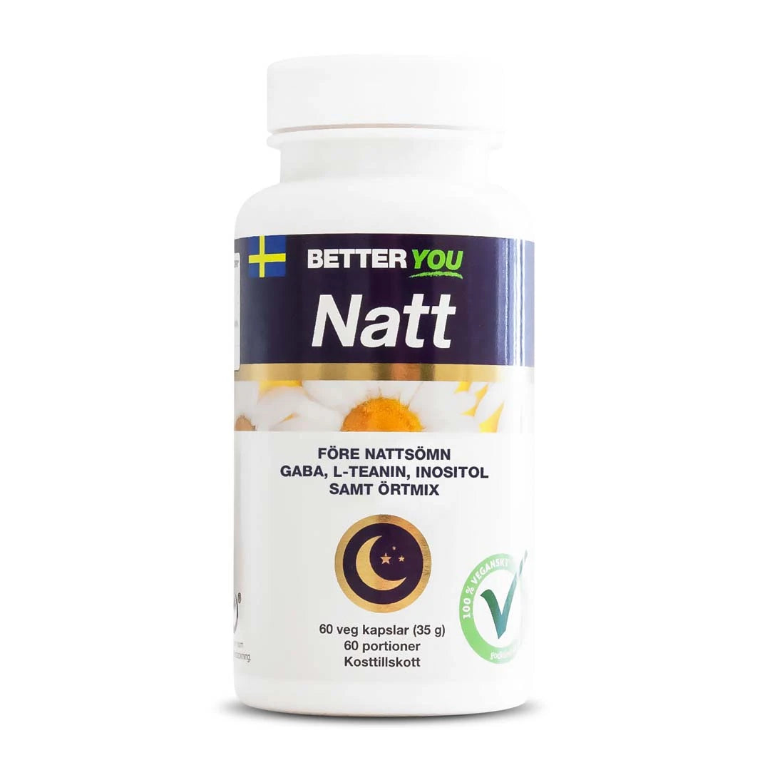 Better You Natt 60 caps i en vit burk med blå och vita detaljer, ett kosttillskott för nattsömn med örter och aminosyror.