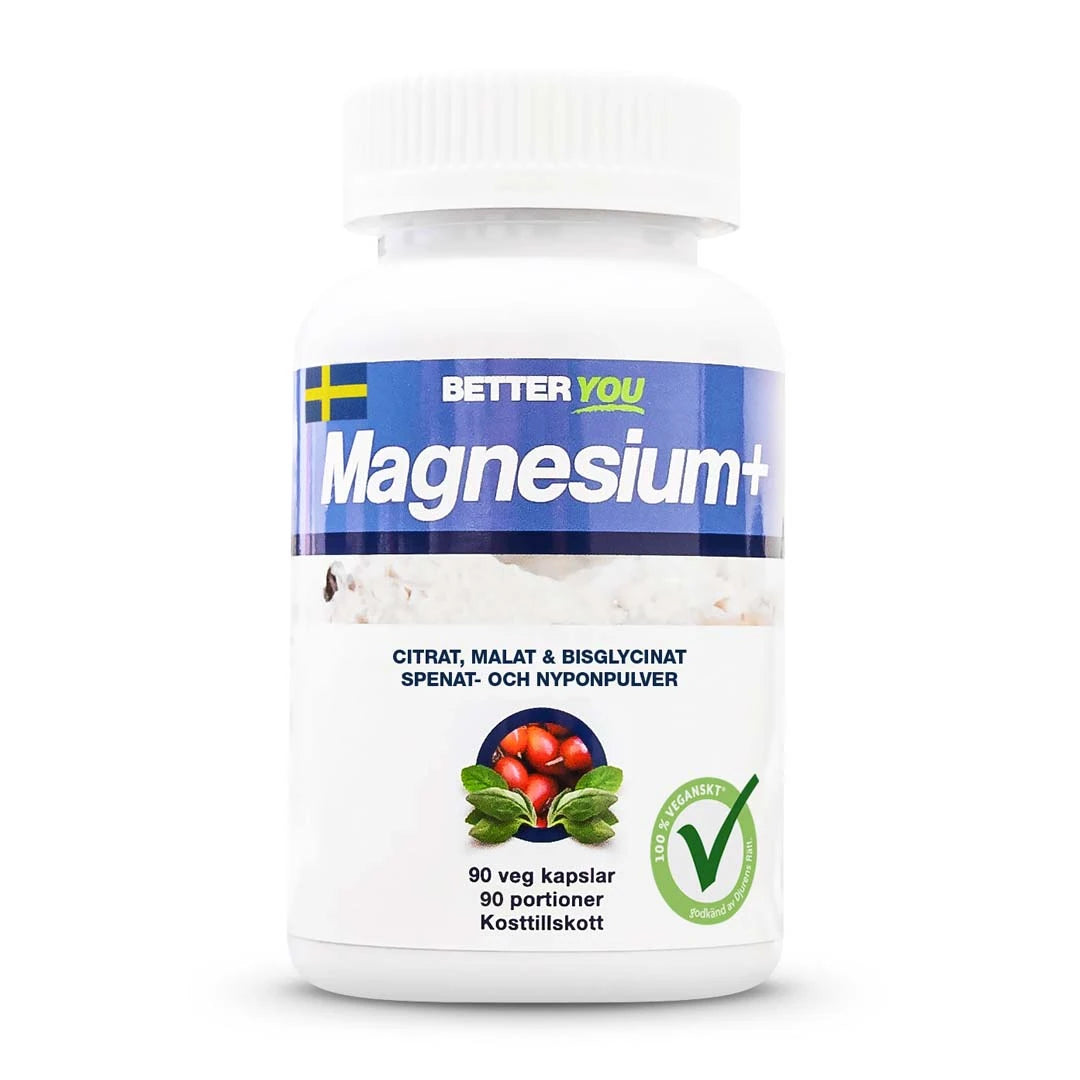Better You Magnesium Plus 90 caps kosttillskott i en vit burk med blå och vit etikett samt en grön vegansk logga.