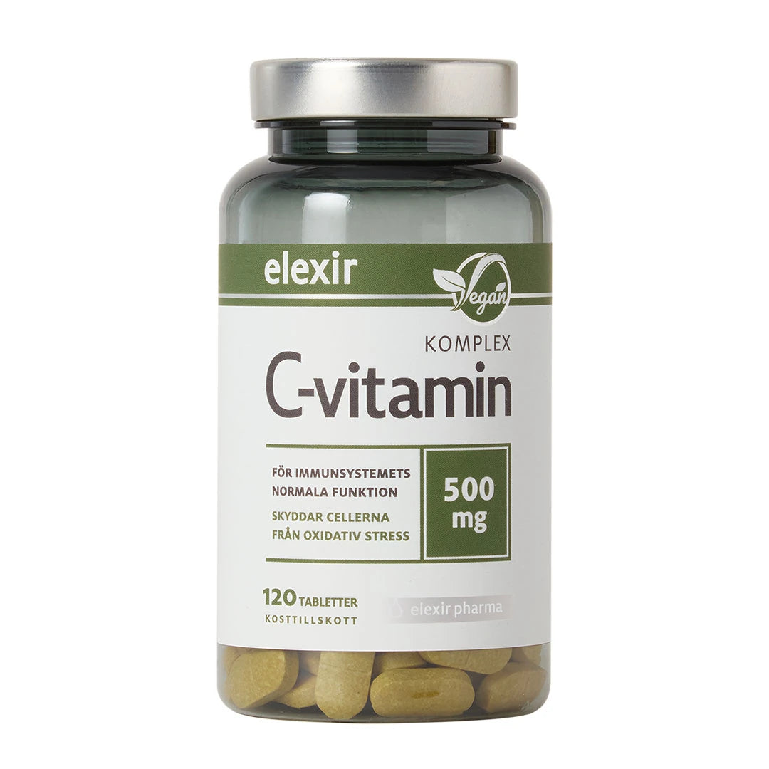 Elexir Pharma C-Vitamin Komplex 120 tabs, veganska vitamintabletter i en mörk burk med vit etikett och silverlock.
