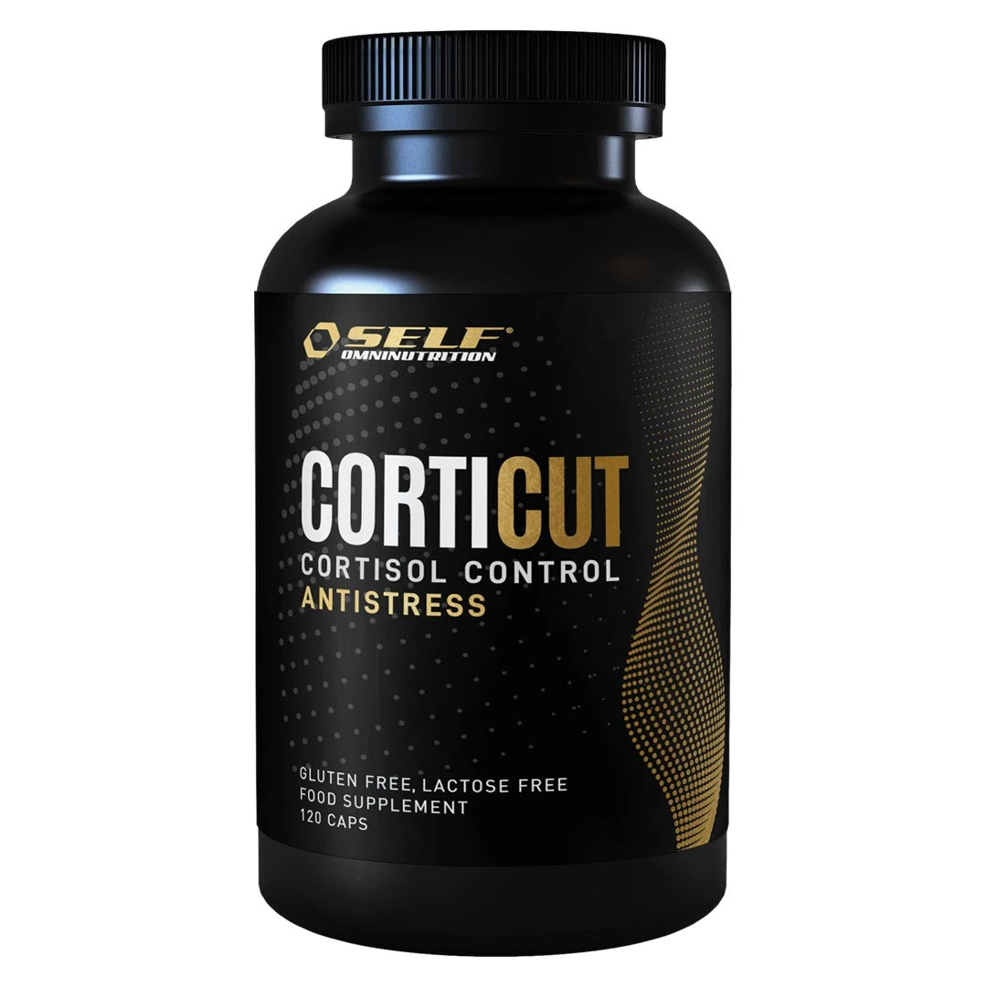 Self Omninutrition Corticut 120 caps, kosttillskott i en svart burk med vit text och gulddetaljer.