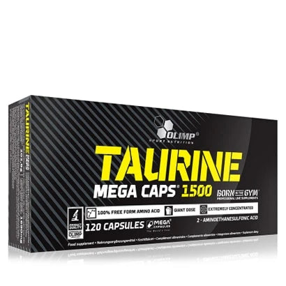 Olimp Taurine Mega caps 120 caps aminosyratillskott i en svart kartong med gula och vita textdetaljer.