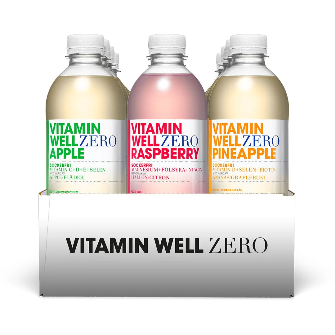 12 x Vitamin Well Zero 500 ml Mixflak i en vit kartong med plastflaskor i smakerna Apple, Raspberry och Pineapple.
