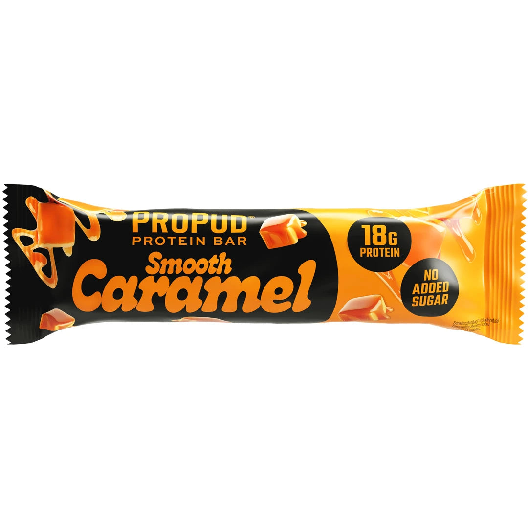 NJIE ProPud Proteinbar 55 g i en svart och orange förpackning för smaken Smooth Caramel.