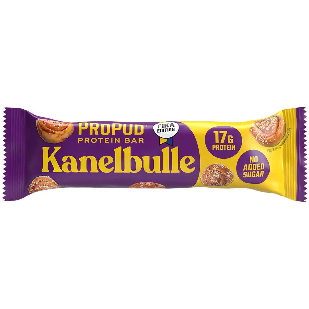 NJIE ProPud Proteinbar 55 g i en lila och gul förpackning för smaken Kanelbulle., bild 5 av 8